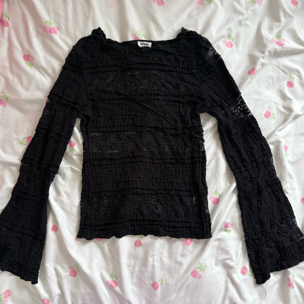 Cotton On Black mesh Fitted Bell Sleeve Blouse